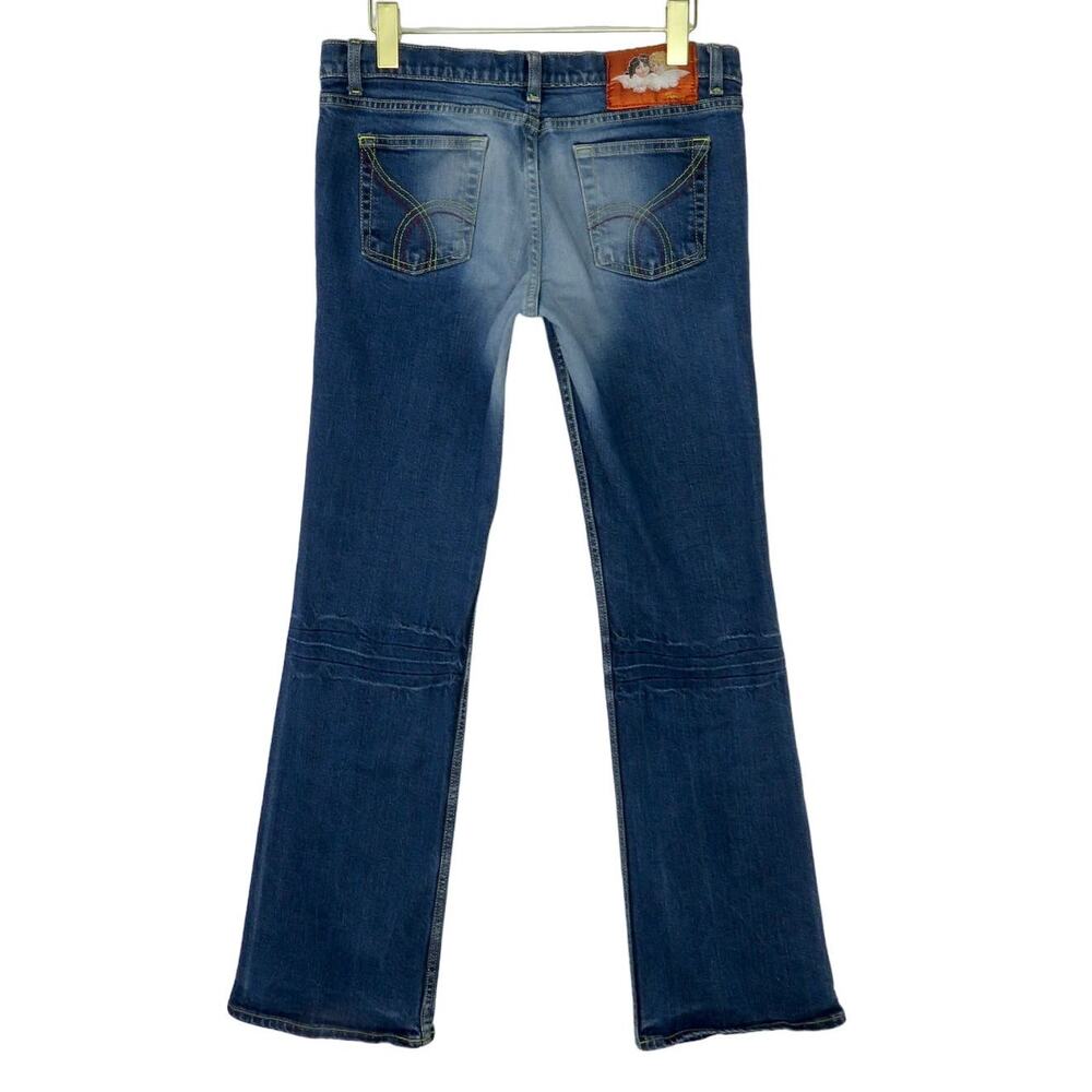 Y2k Vintage Fiorucci Angels Patch Low Rise Distressed Flared Jeans Size 11 29"